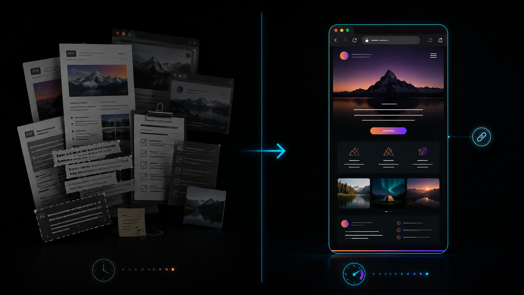 Before and after: a pile of hand-built PDF lodging flyers next to a finished web flyer built from one pasted link