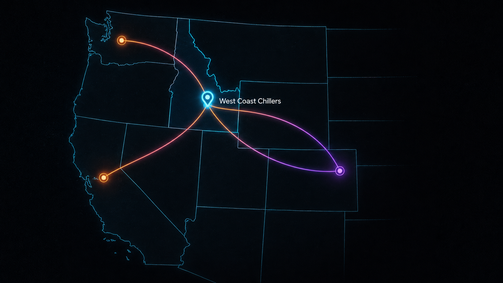 Map of the western United States showing West Coast Chillers in Idaho with inbound buyer connections from other states, including Colorado