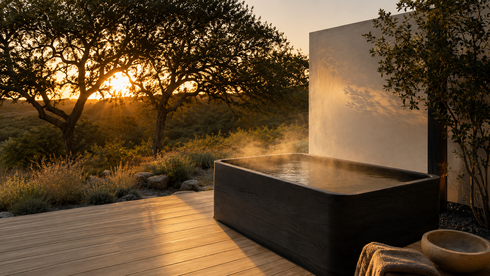 A cold plunge on a wood deck at dawn